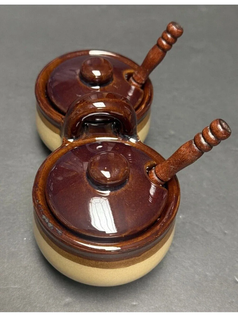 Vintage Stoneware Two-Tone Brown Tan Double Condiment Set Lids Spoons Taiwan